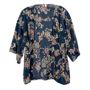 Anthropologie Birdcage Navy Floral Paisley Drapey Open Front Blouse, EUC, Small
